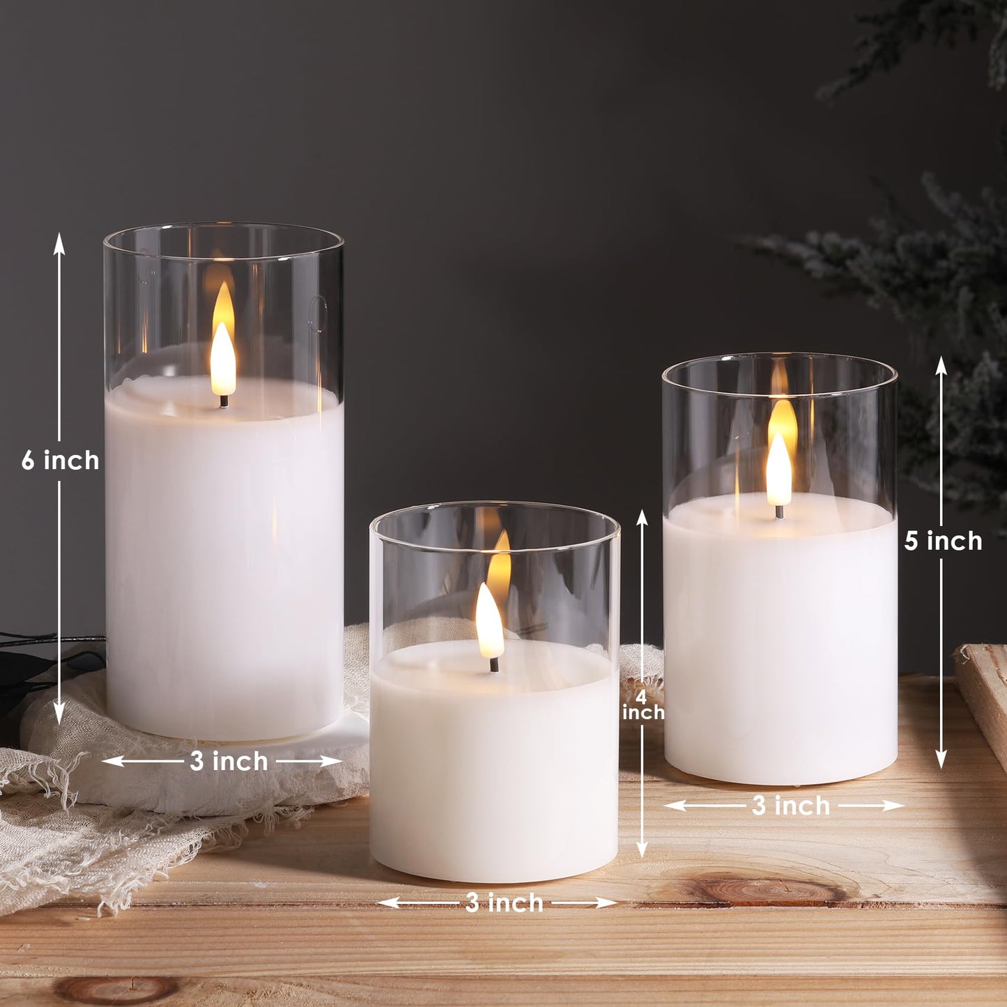Eywamage Clear Glass Flameless Candles with Remote Timer, Flickering Battery LED Pillar Candles Set of 3