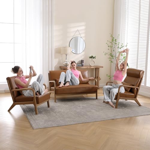 INZOY Mid-Century Modern Accent Chair Set of 2, PU Leather Reading Armchair with Waist Cushion, Upholstered Living Room Chairs for Bedroom Sunroom, Camel Set