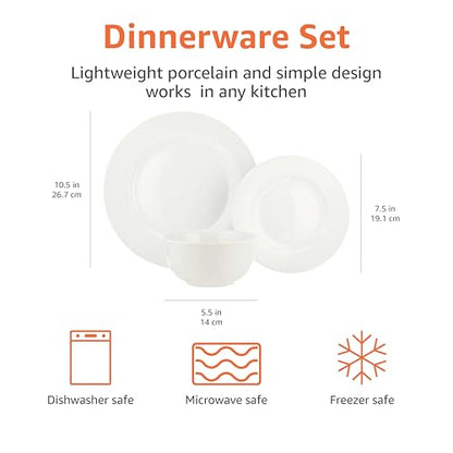 Amazon Basics Kitchen Dinnerware Set, Microwave and Dishwasher Safe, Plates, Bowls, Service for 6, 18-Piece, White