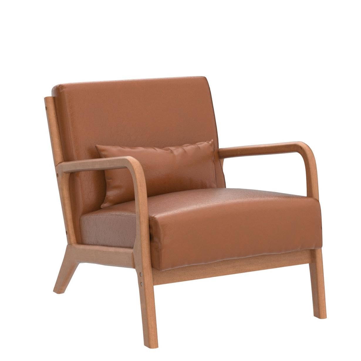 INZOY Mid-Century Modern Accent Chair Set of 2, PU Leather Reading Armchair with Waist Cushion, Upholstered Living Room Chairs for Bedroom Sunroom, Camel Set