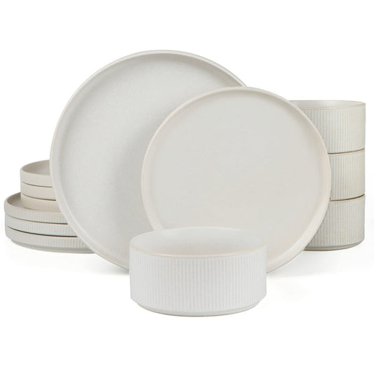 famiware Star Dinnerware Sets, Plates and Bowls Set for 4, 12 Pieces Ribbed Dishes - Chip and Scratch Resistant, Microwave and Dishwasher Safe Tableware, Matte White
