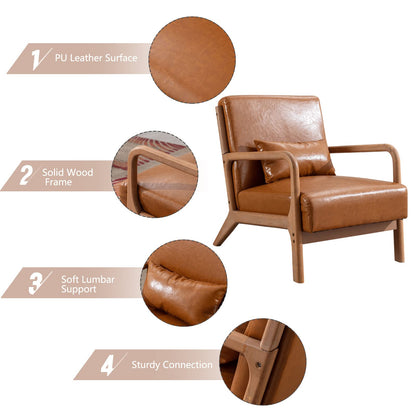 INZOY Mid-Century Modern Accent Chair Set of 2, PU Leather Reading Armchair with Waist Cushion, Upholstered Living Room Chairs for Bedroom Sunroom, Camel Set