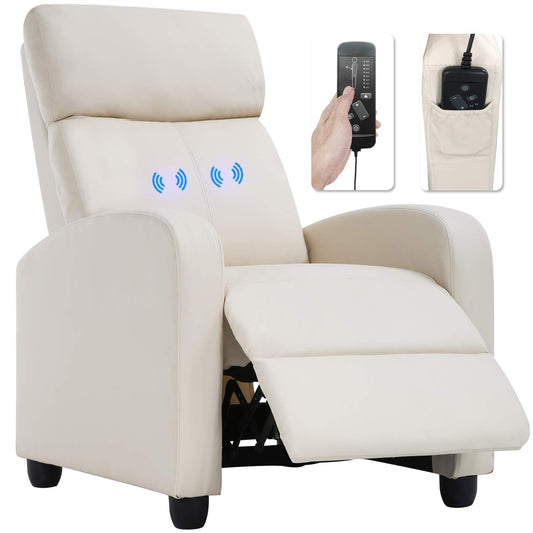 BestMassage | Recliner Chair | with 2 Point Massage Function | Pu Beige | with Lumbar Support, Adjustable Push Back, Footrest & Padded Seat | Easy Assembly | for Living Room, Home Theatre