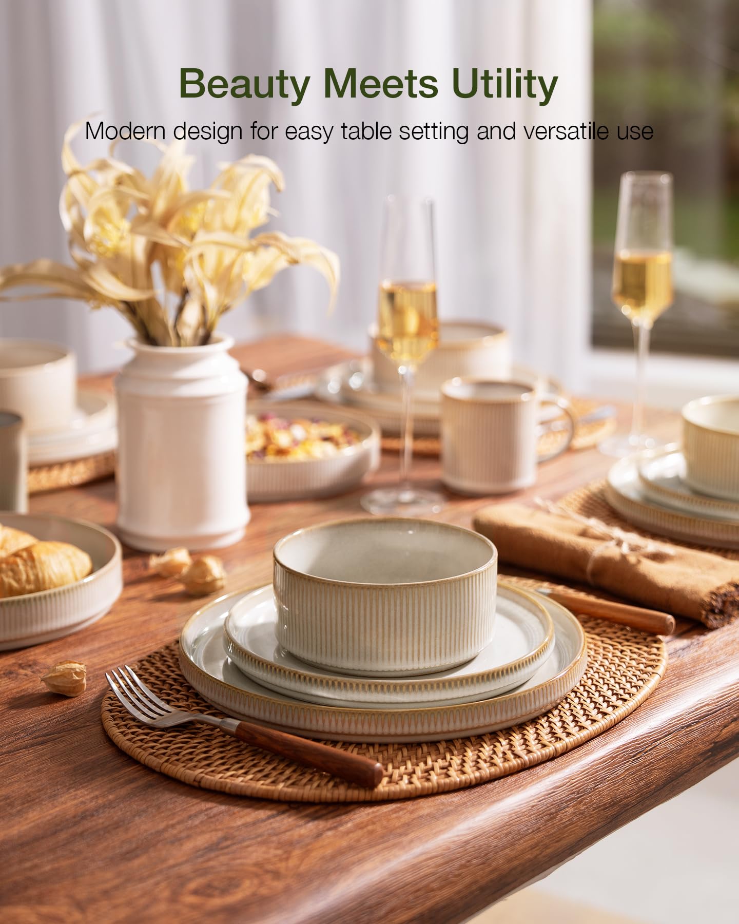 famiware Star Dinnerware Sets, Plates and Bowls Set for 4, 12 Pieces Ribbed Dishes - Chip and Scratch Resistant, Microwave and Dishwasher Safe Tableware, Cappuccino White