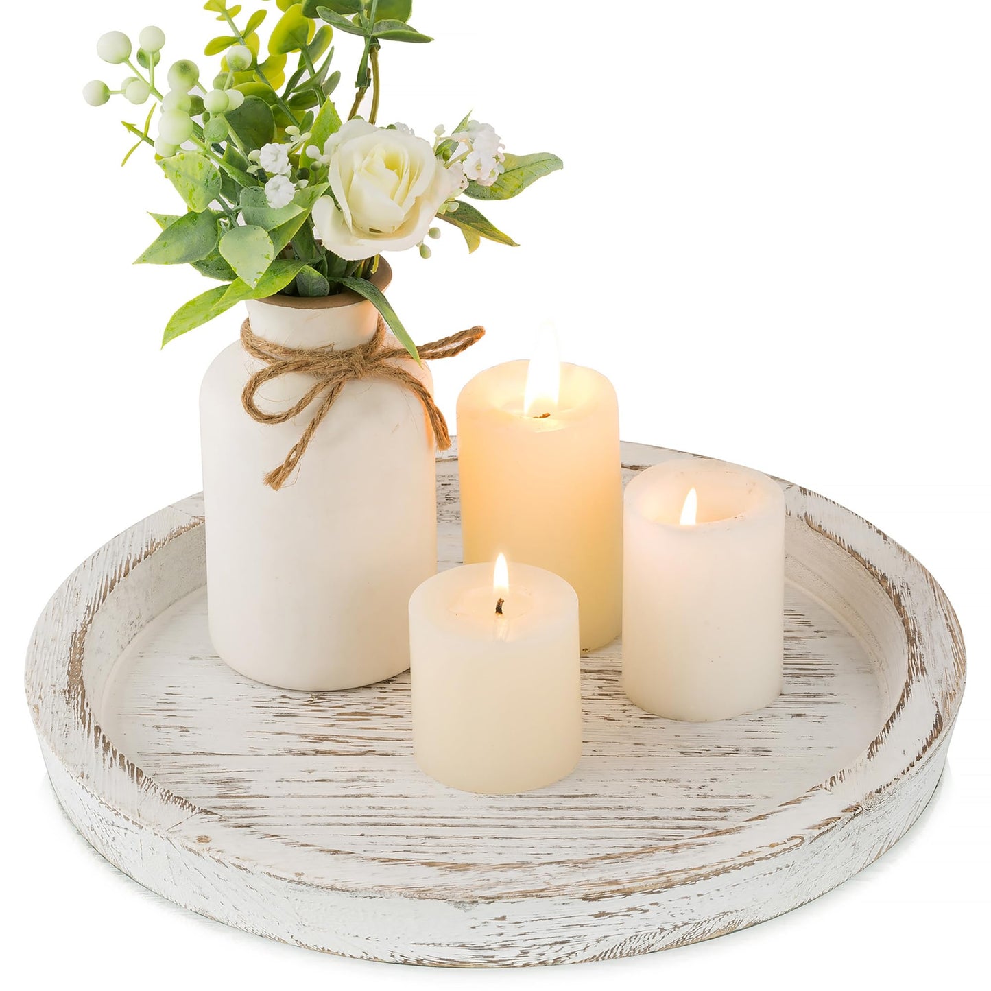 Hanobe Candle Plate Holder Tray: Round Wooden Decorative Candle Plate Small Farmhouse Table Centerpiece Rustic White Wood Tealight Pillar Trays for Home Decor