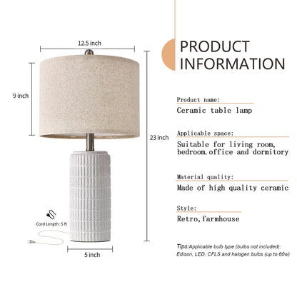 PoKat 23" Table Lamp, Farmhouse Bedside Lamps for Bedroom Set of 2, Ceramic End Table Lamps for Living Room, Traditional Nightstand Desk Lamps, Frosted White Lamps, Medium