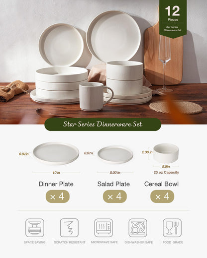 famiware Star Dinnerware Sets, Plates and Bowls Set for 4, 12 Pieces Ribbed Dishes - Chip and Scratch Resistant, Microwave and Dishwasher Safe Tableware, Matte White