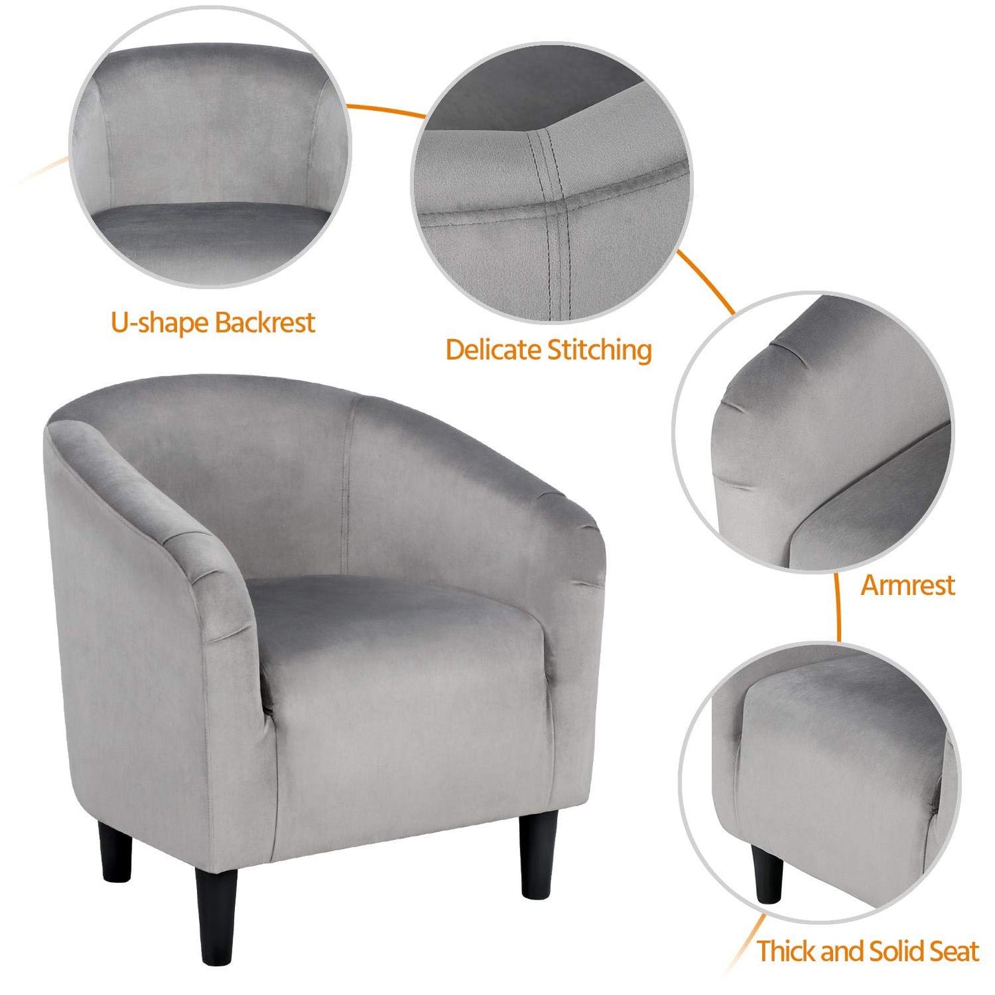 Yaheetech Living Room Chair, Velvet Accent Chair, Upholstered Barrel Chair, Sitting Chair with Armrest and Low Back for Living Room Bedroom Reception Room, Gray