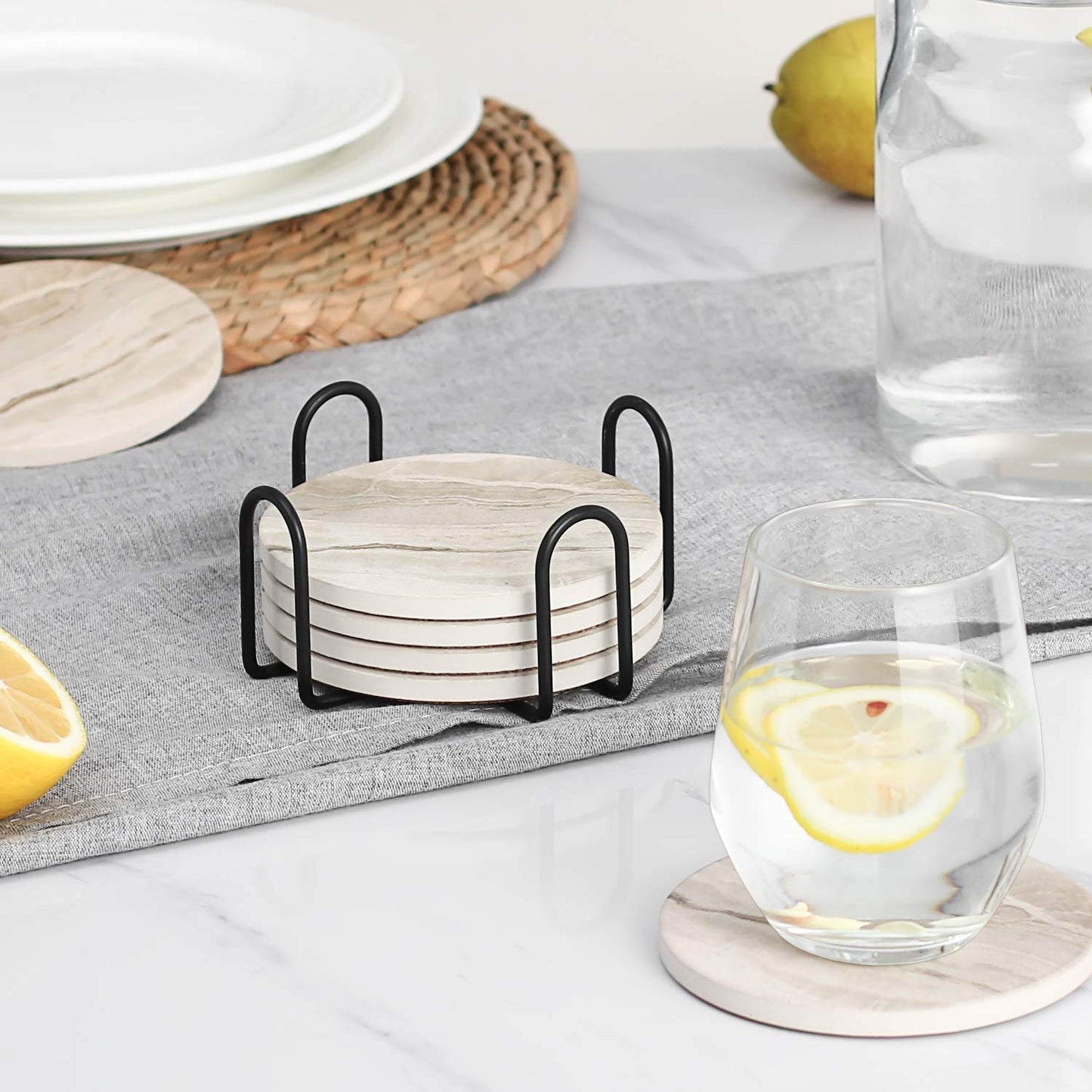 LIFVER Coasters Set of 6, Coasters for Drinks Absorbent Stone with Holder, Black Marble Style Ceramic Drink Coaster for Tabletop Protection, Coffee Table Decor Ideal for Home Decor House Warming Gifts