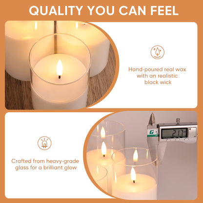 Eywamage Clear Glass Flameless Candles with Remote Timer, Flickering Battery LED Pillar Candles Set of 3