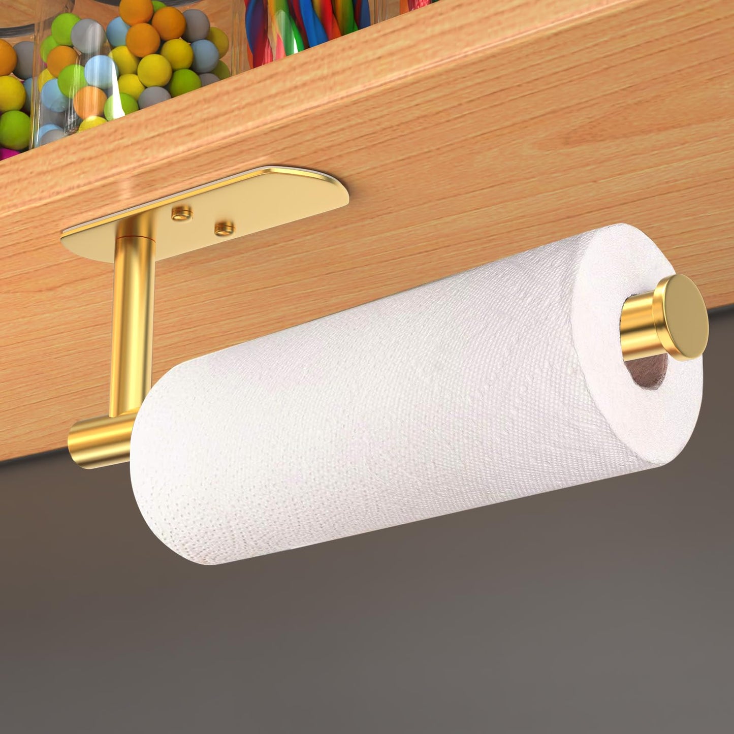 VAEHOLD Adhesive Paper Towel Holder Under Cabinet Wall Mount for Kitchen Paper Towel, Paper Towel Roll Holder Stick to Wall, Stainless Steel (Gold)