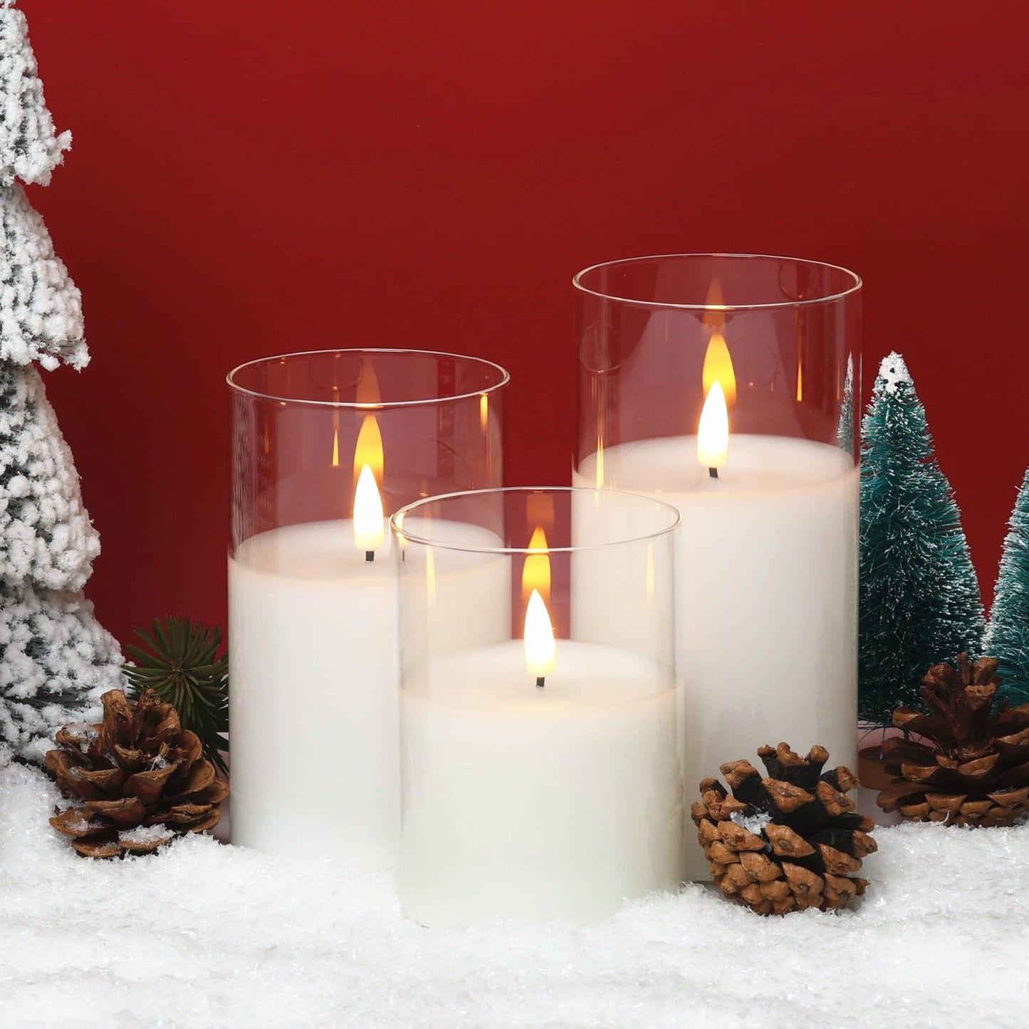 Eywamage Clear Glass Flameless Candles with Remote Timer, Flickering Battery LED Pillar Candles Set of 3