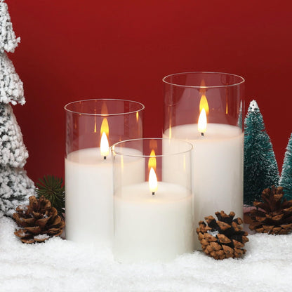 Eywamage Clear Glass Flameless Candles with Remote Timer, Flickering Battery LED Pillar Candles Set of 3