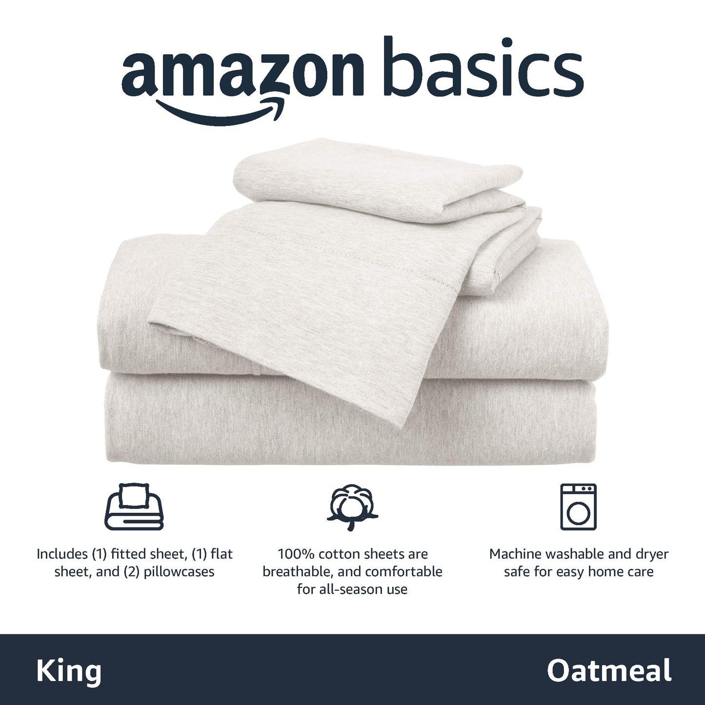 Amazon Basics 4 Piece Bed Sheets Set, 100% Cotton Jersey, Includes Super Soft, Flat and Fitted Sheets, Pillowcase, King, Oatmeal, Solid