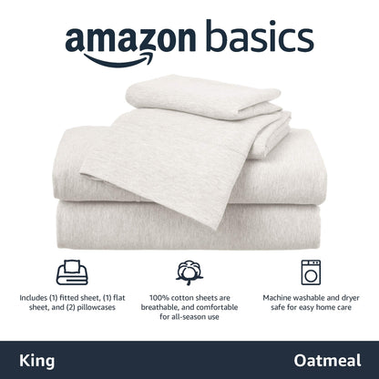 Amazon Basics 4 Piece Bed Sheets Set, 100% Cotton Jersey, Includes Super Soft, Flat and Fitted Sheets, Pillowcase, King, Oatmeal, Solid