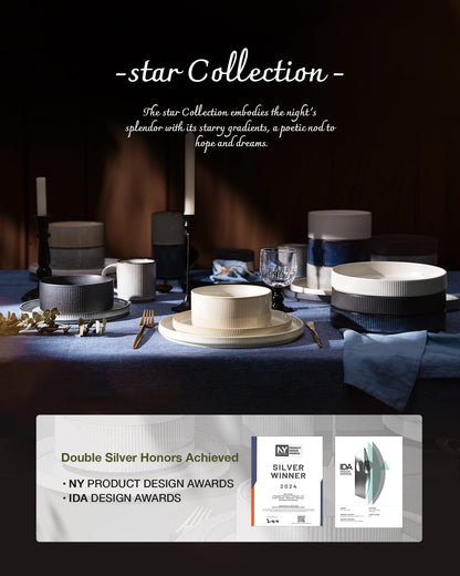 famiware Star Dinnerware Sets, Plates and Bowls Set for 4, 12 Pieces Ribbed Dishes - Chip and Scratch Resistant, Microwave and Dishwasher Safe Tableware, Matte White