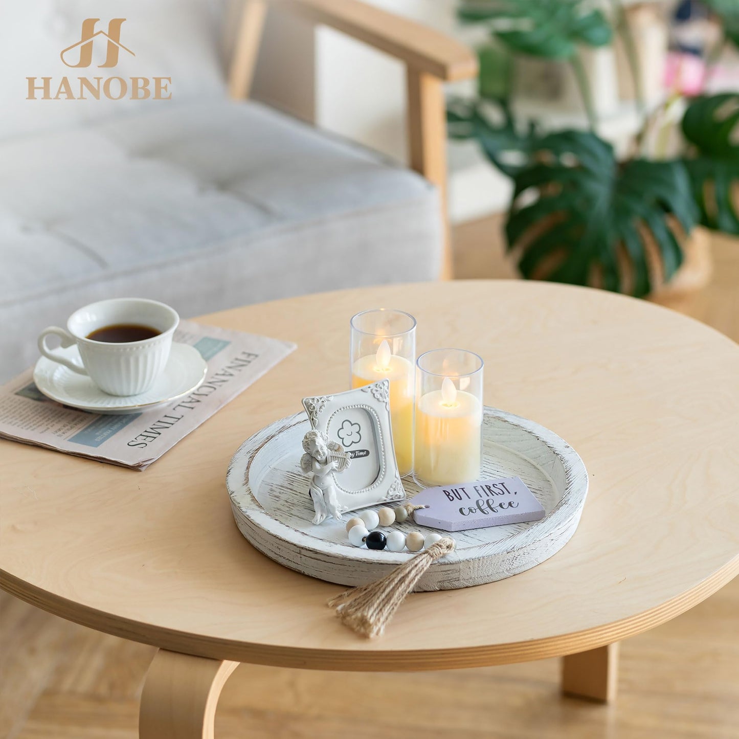 Hanobe Candle Plate Holder Tray: Round Wooden Decorative Candle Plate Small Farmhouse Table Centerpiece Rustic White Wood Tealight Pillar Trays for Home Decor
