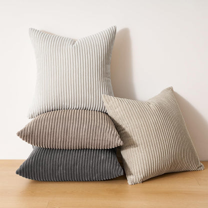 Topfinel 4 Packs Natural Decorative Throw Pillows Covers 18x18 Inch for Living Room Couch Bed Sofa, Rustic Farmhouse Boho Home Decor, Soft Plush Striped Corduroy Square Cushion Case 45x45 cm
