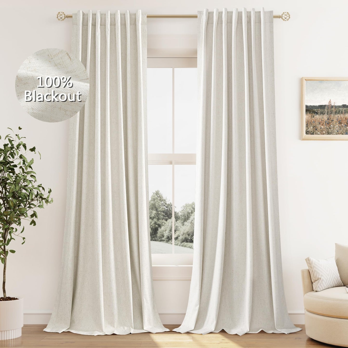 Guken Cream Linen Blackout Curtains 84 Inch Length 2 Panels Set for Living Room Bedroom Back Tab Thermal Insulated 100% Black Out Linen Drapes Room Darkening Window Curtains Ivory Natural
