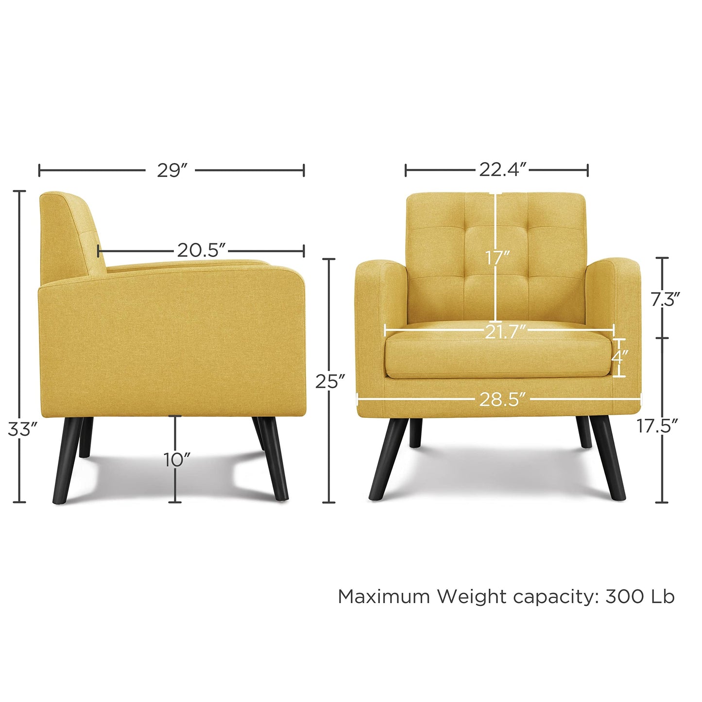 Yaheetech Mid-Century Accent Chairs, Modern Upholstered Living Room Chair, Cozy Armchair Button Tufted Back and Wood Legs for Bedroom/Office/Cafe, Yellow