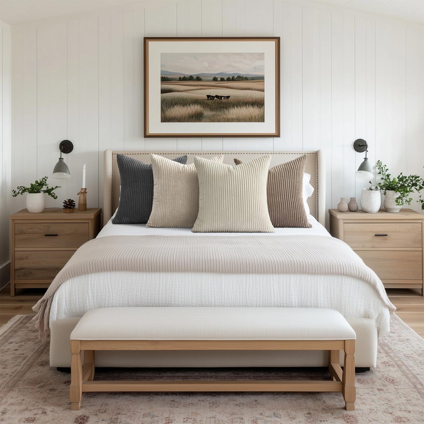 Topfinel 4 Packs Natural Decorative Throw Pillows Covers 18x18 Inch for Living Room Couch Bed Sofa, Rustic Farmhouse Boho Home Decor, Soft Plush Striped Corduroy Square Cushion Case 45x45 cm