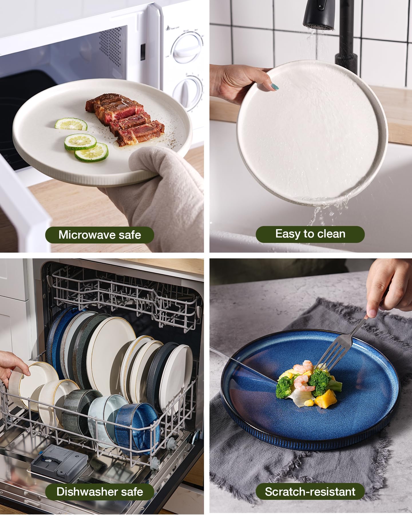 famiware Star Dinnerware Sets, Plates and Bowls Set for 4, 12 Pieces Ribbed Dishes - Chip and Scratch Resistant, Microwave and Dishwasher Safe Tableware, Matte White