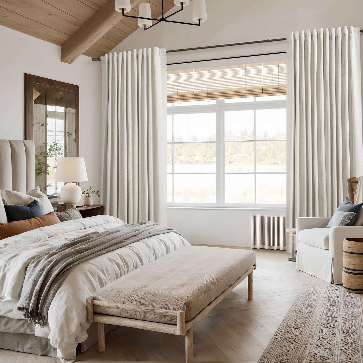 Guken Cream Linen Blackout Curtains 84 Inch Length 2 Panels Set for Living Room Bedroom Back Tab Thermal Insulated 100% Black Out Linen Drapes Room Darkening Window Curtains Ivory Natural