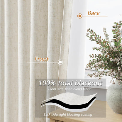 Guken Cream Linen Blackout Curtains 84 Inch Length 2 Panels Set for Living Room Bedroom Back Tab Thermal Insulated 100% Black Out Linen Drapes Room Darkening Window Curtains Ivory Natural
