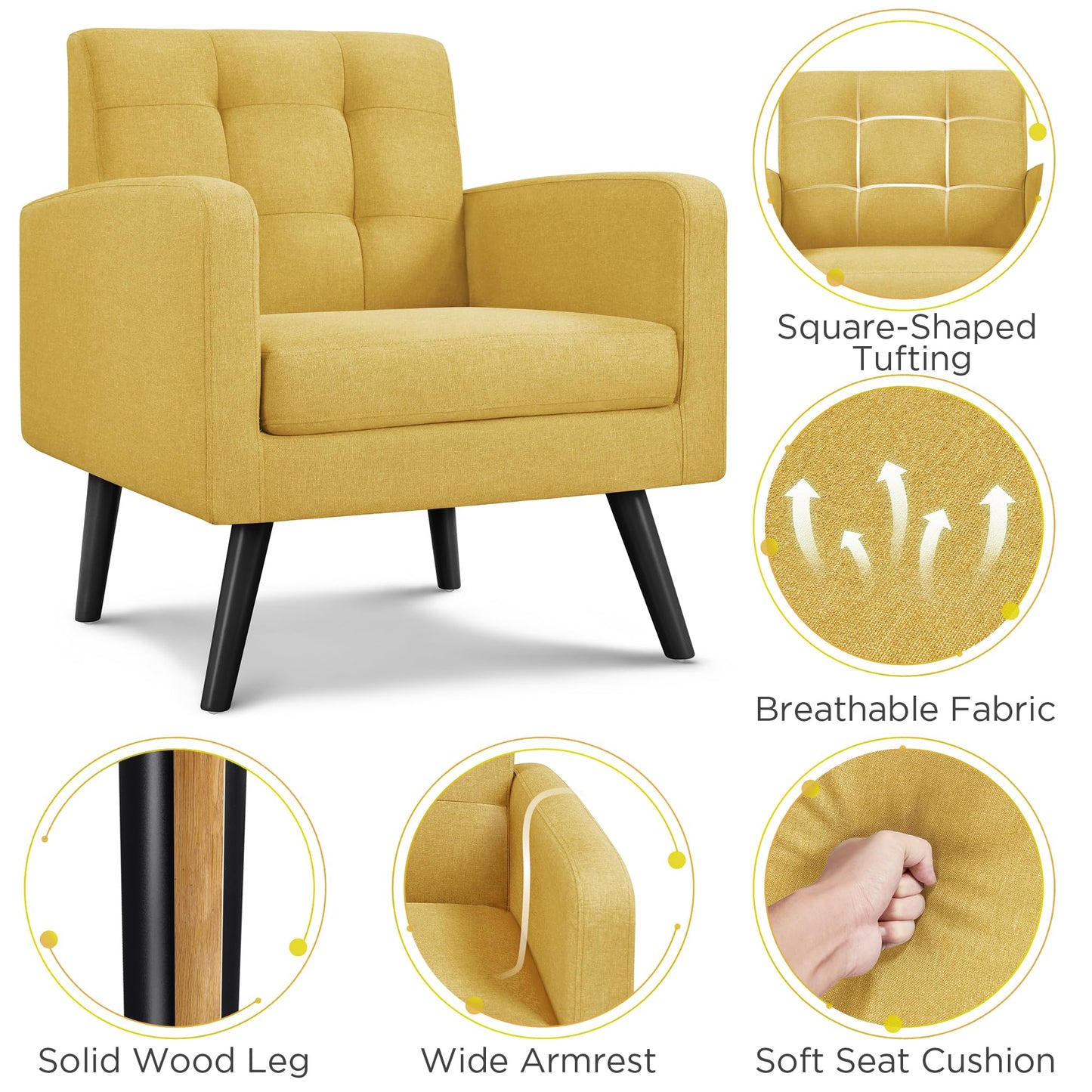Yaheetech Mid-Century Accent Chairs, Modern Upholstered Living Room Chair, Cozy Armchair Button Tufted Back and Wood Legs for Bedroom/Office/Cafe, Yellow