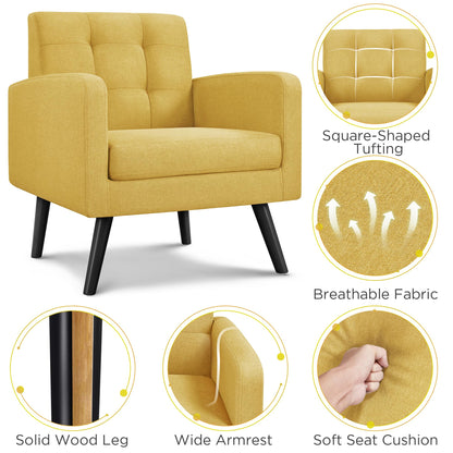 Yaheetech Mid-Century Accent Chairs, Modern Upholstered Living Room Chair, Cozy Armchair Button Tufted Back and Wood Legs for Bedroom/Office/Cafe, Yellow