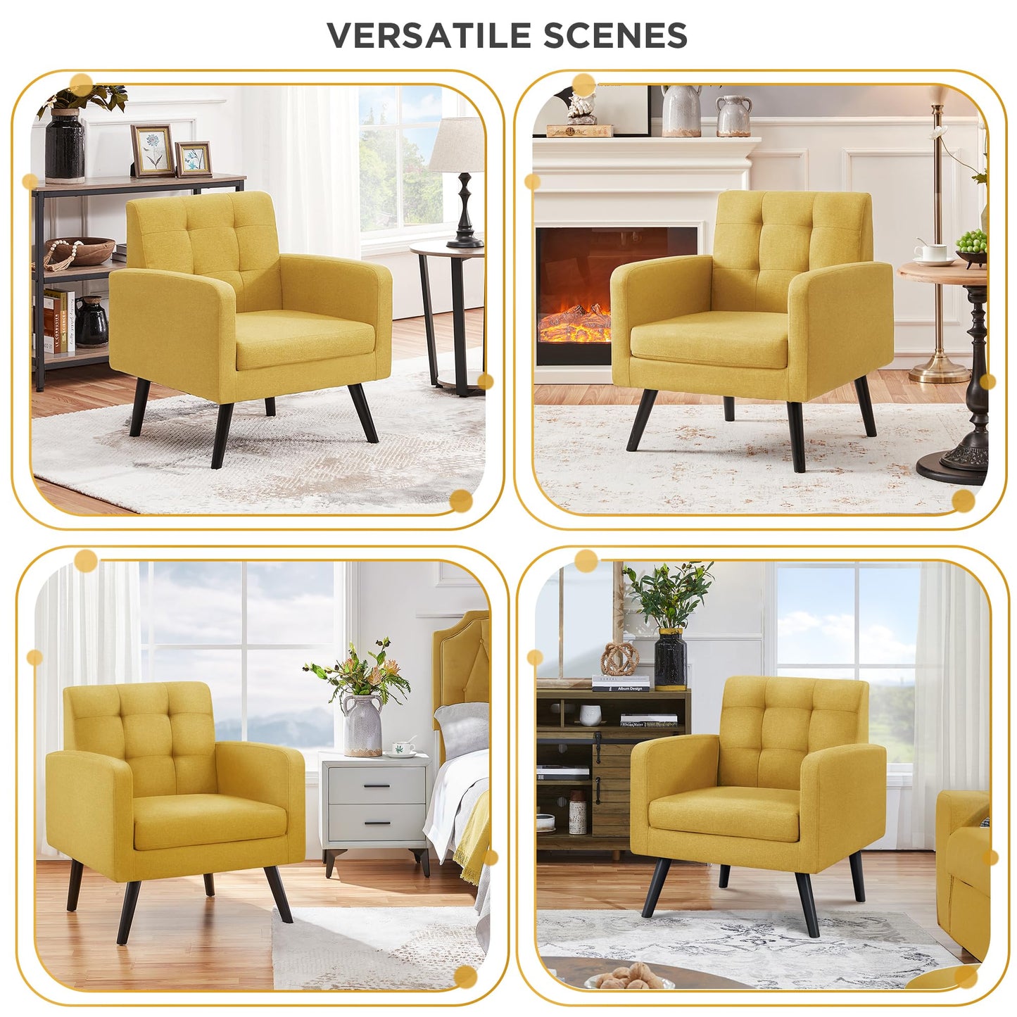 Yaheetech Mid-Century Accent Chairs, Modern Upholstered Living Room Chair, Cozy Armchair Button Tufted Back and Wood Legs for Bedroom/Office/Cafe, Yellow