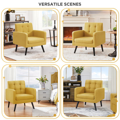 Yaheetech Mid-Century Accent Chairs, Modern Upholstered Living Room Chair, Cozy Armchair Button Tufted Back and Wood Legs for Bedroom/Office/Cafe, Yellow