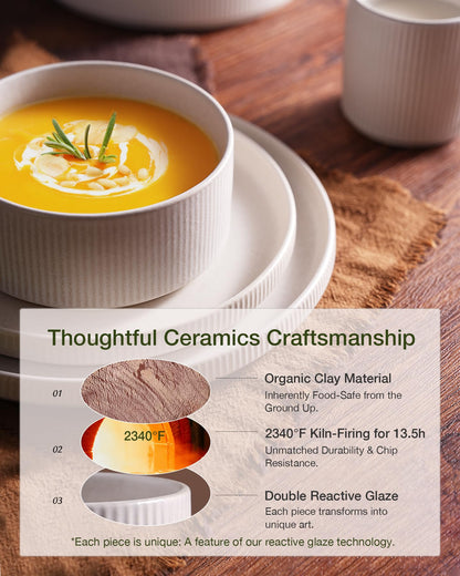 famiware Star Dinnerware Sets, Plates and Bowls Set for 4, 12 Pieces Ribbed Dishes - Chip and Scratch Resistant, Microwave and Dishwasher Safe Tableware, Matte White