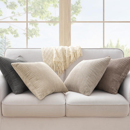 Topfinel 4 Packs Natural Decorative Throw Pillows Covers 18x18 Inch for Living Room Couch Bed Sofa, Rustic Farmhouse Boho Home Decor, Soft Plush Striped Corduroy Square Cushion Case 45x45 cm