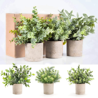 Der Rose 3 Pack Mini Potted Fake Plants Artificial Plastic Eucalyptus Plants Topiaries for Home Office Desk Farmhouse Room Bathroom Decor