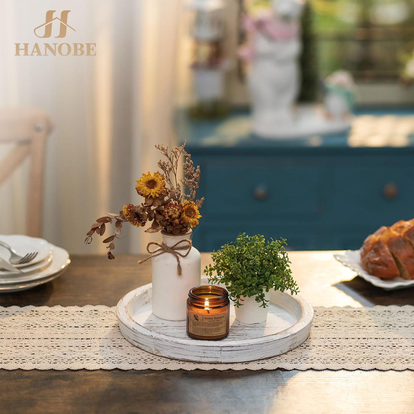 Hanobe Candle Plate Holder Tray: Round Wooden Decorative Candle Plate Small Farmhouse Table Centerpiece Rustic White Wood Tealight Pillar Trays for Home Decor