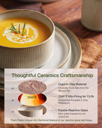 famiware Star Dinnerware Sets, Plates and Bowls Set for 4, 12 Pieces Ribbed Dishes - Chip and Scratch Resistant, Microwave and Dishwasher Safe Tableware, Cappuccino White