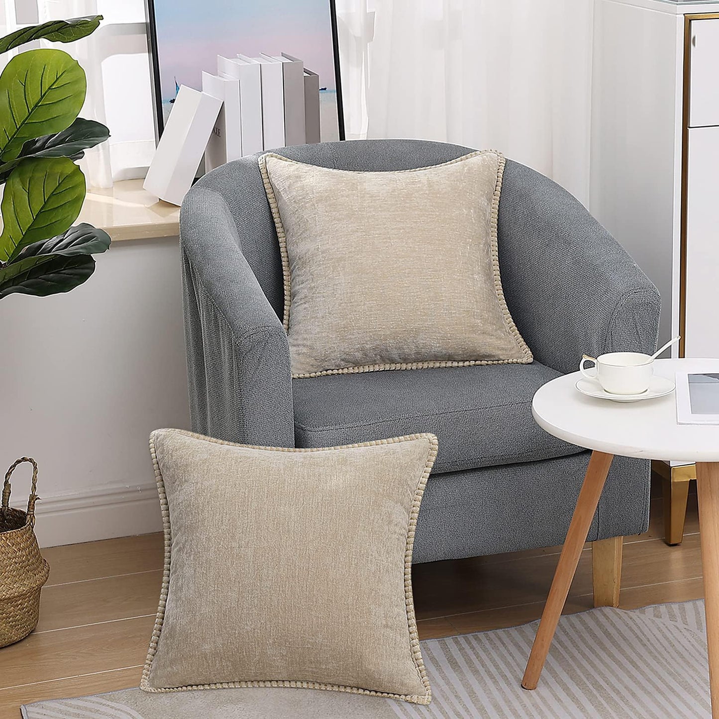 decorUhome Chenille Soft Throw Pillow Covers 18x18 Set of 2, Farmhouse Velvet Neutral Decorative Euro Pillow Covers with Stitched Edge for Couch Sofa Bed Home Decor, Beige