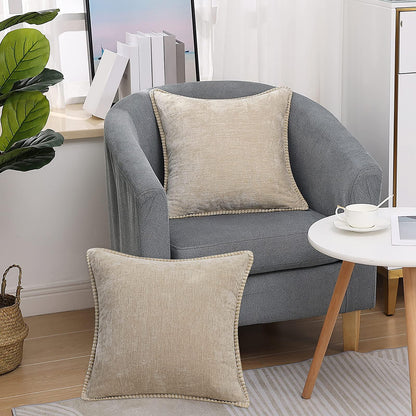 decorUhome Chenille Soft Throw Pillow Covers 18x18 Set of 2, Farmhouse Velvet Neutral Decorative Euro Pillow Covers with Stitched Edge for Couch Sofa Bed Home Decor, Beige