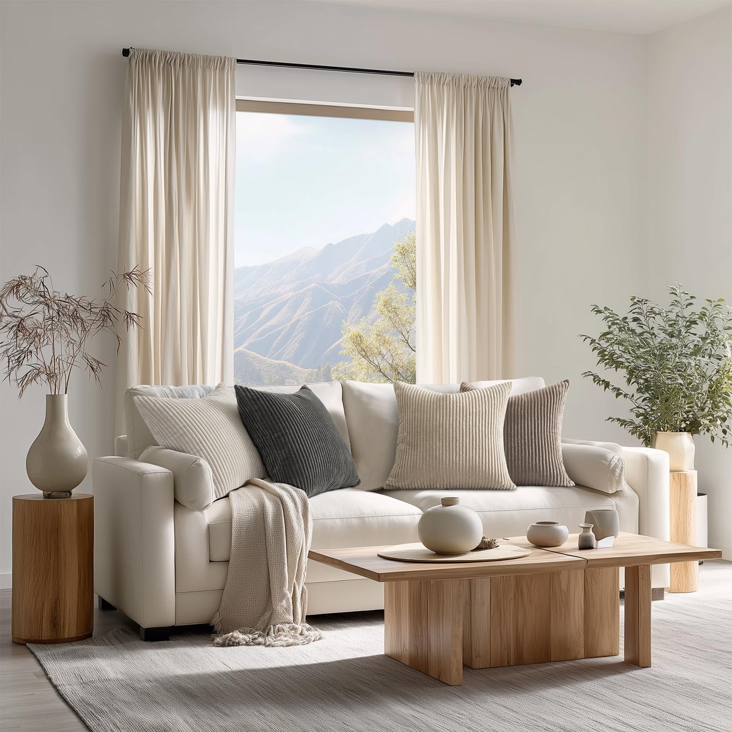 Topfinel 4 Packs Natural Decorative Throw Pillows Covers 18x18 Inch for Living Room Couch Bed Sofa, Rustic Farmhouse Boho Home Decor, Soft Plush Striped Corduroy Square Cushion Case 45x45 cm