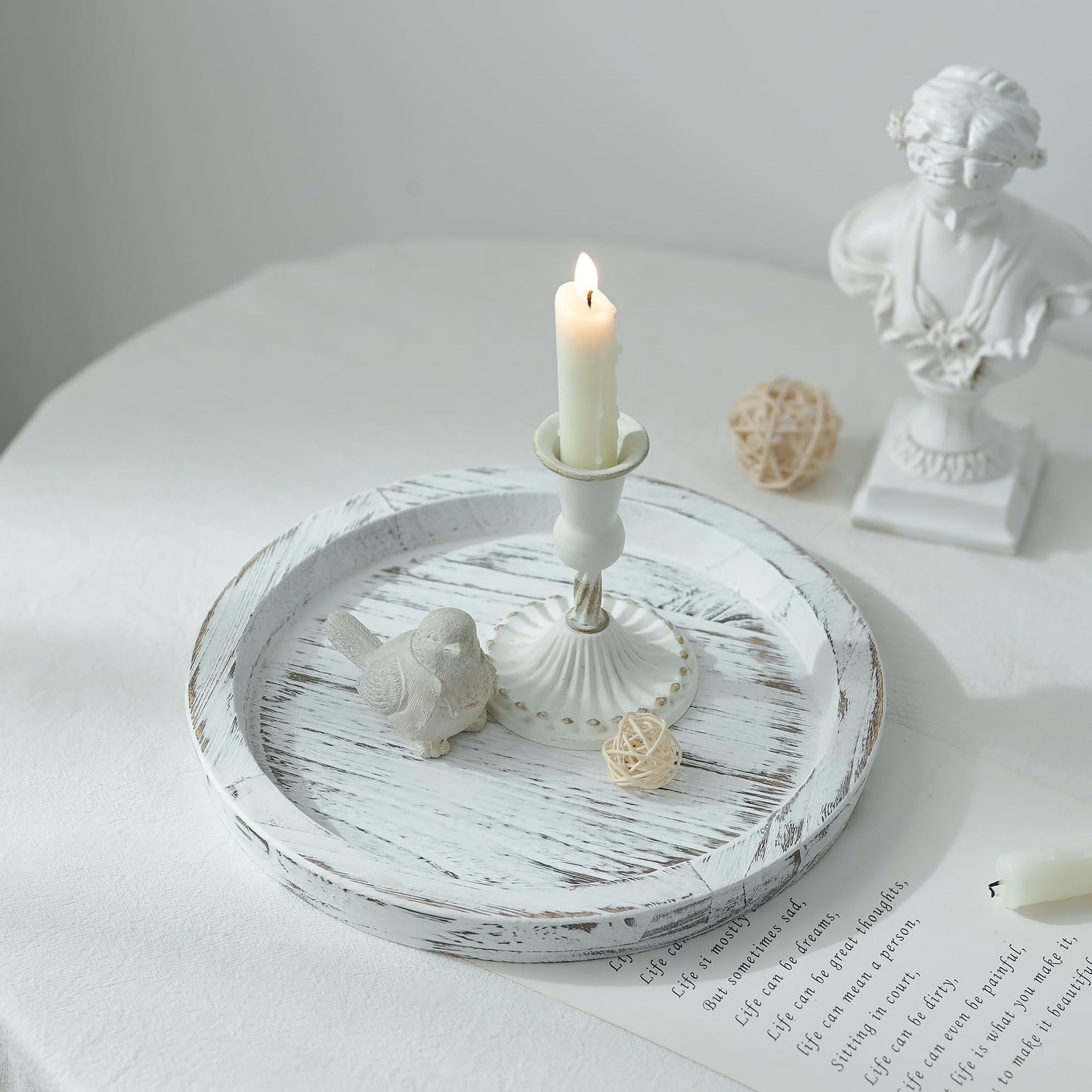 Hanobe Candle Plate Holder Tray: Round Wooden Decorative Candle Plate Small Farmhouse Table Centerpiece Rustic White Wood Tealight Pillar Trays for Home Decor