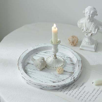 Hanobe Candle Plate Holder Tray: Round Wooden Decorative Candle Plate Small Farmhouse Table Centerpiece Rustic White Wood Tealight Pillar Trays for Home Decor