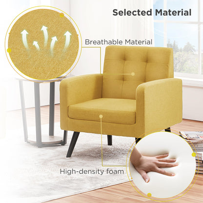 Yaheetech Mid-Century Accent Chairs, Modern Upholstered Living Room Chair, Cozy Armchair Button Tufted Back and Wood Legs for Bedroom/Office/Cafe, Yellow