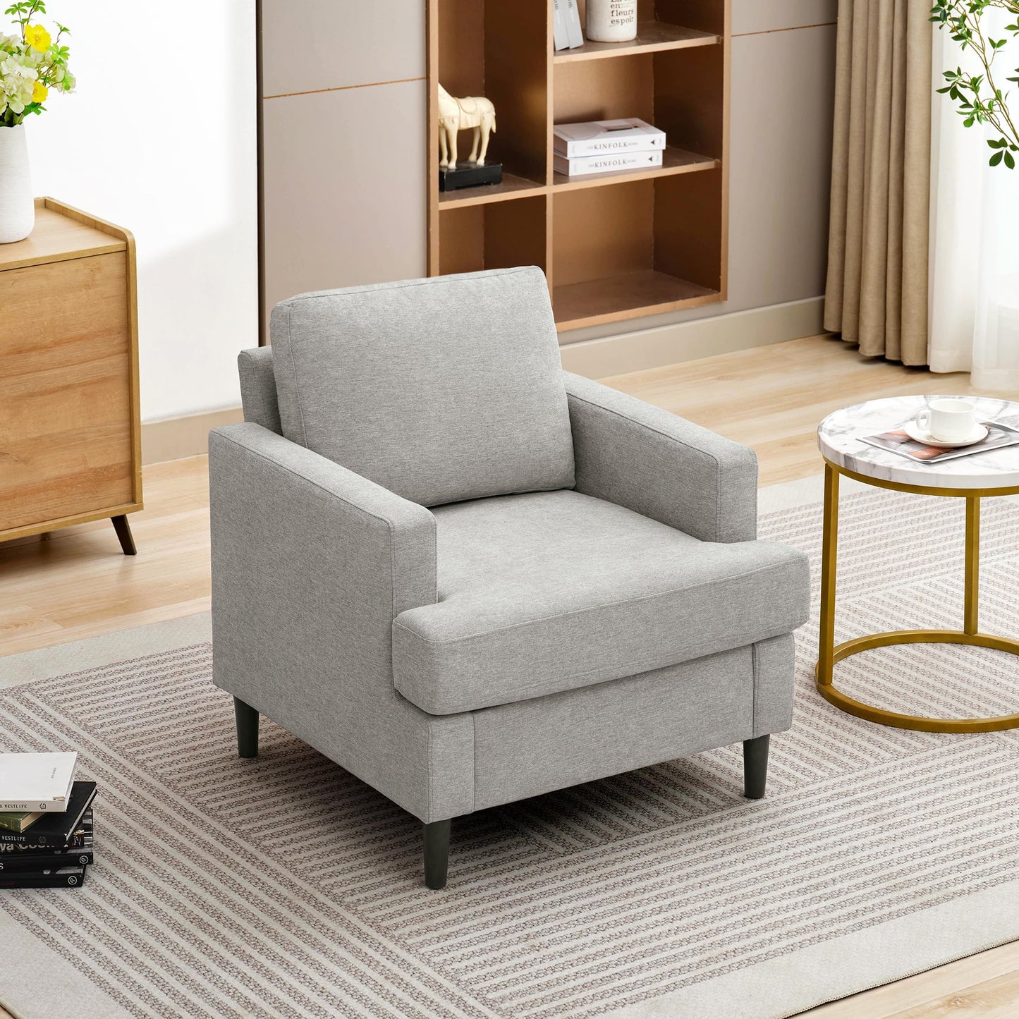 Weture Mid-Century Accent Chair,Modern Linen Fabric Armchair for Living Room,Comfy Upholstered Reading Accent Chairs for Bedroom,Single Sofa Chair with Wood Legs (Light Grey, 1 Pack)