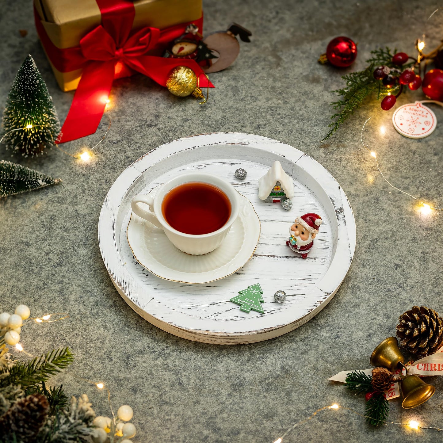 Hanobe Candle Plate Holder Tray: Round Wooden Decorative Candle Plate Small Farmhouse Table Centerpiece Rustic White Wood Tealight Pillar Trays for Home Decor