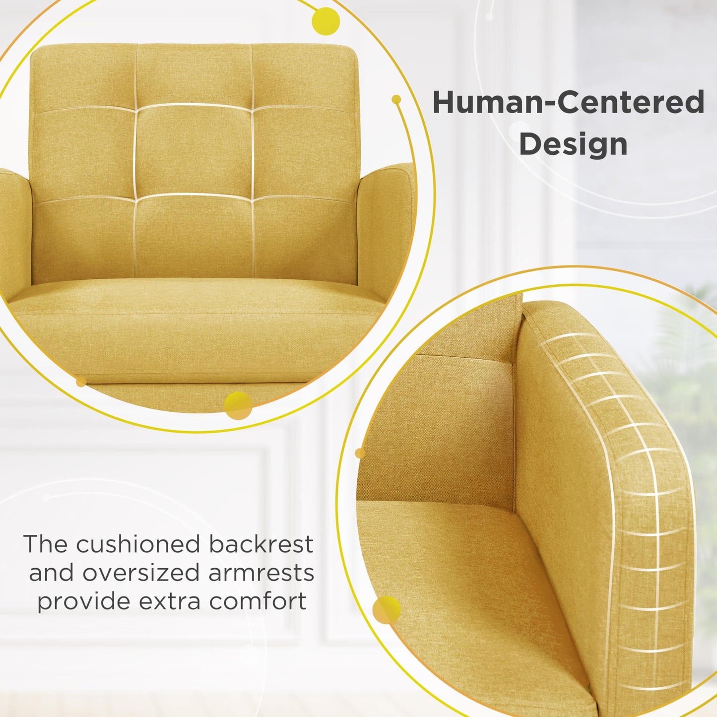 Yaheetech Mid-Century Accent Chairs, Modern Upholstered Living Room Chair, Cozy Armchair Button Tufted Back and Wood Legs for Bedroom/Office/Cafe, Yellow
