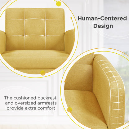 Yaheetech Mid-Century Accent Chairs, Modern Upholstered Living Room Chair, Cozy Armchair Button Tufted Back and Wood Legs for Bedroom/Office/Cafe, Yellow