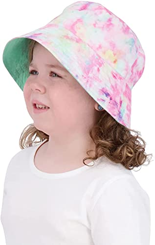 Bucket Hat for Girls & Boys, Packable Double Sided Reversible Beach Sun Kids Bucket Hat (Mint Green/Tie Dye, 3-6 Years)