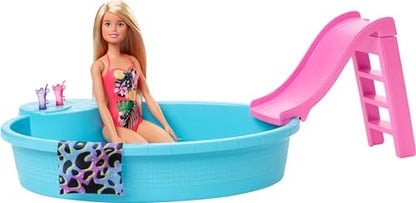 Barbie Doll and Pool Playset with Pink Slide, Beverage Accessories and Towel, Blonde Doll in Tropical Swimsuit