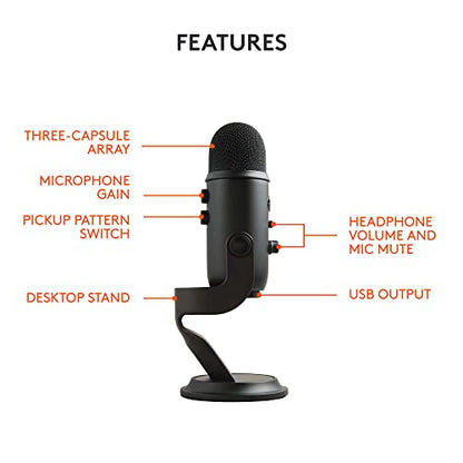 Logitech for Creators Blue Yeti USB Microphone for Gaming, Streaming, Podcasting, Twitch, YouTube, Discord, Recording for PC and Mac, 4 Polar Patterns, Studio Quality Sound, Plug & Play-Blackout